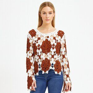 Rebellion Brown White Knit Crochet Long Sleeve Top Size Medium